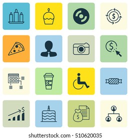 Set Of 16 Universal Editable Icons. Can Be Used For Web, Mobile And App Design. Includes Icons Such As Sweet, Birthday Cake, Takeaway Coffee And More.