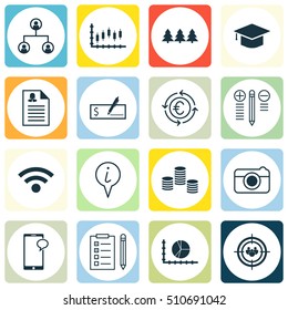 Set Of 16 Universal Editable Icons. Can Be Used For Web, Mobile And App Design. Includes Icons Such As Wireless, Decision Making, Stock Market And More.