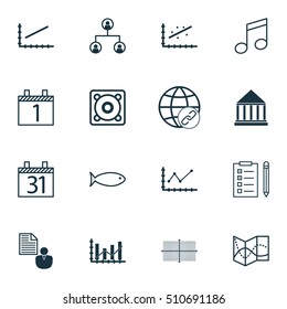 Set Of 16 Universal Editable Icons. Can Be Used For Web, Mobile And App Design. Includes Icons Such As Date, Crotchets, Analytics And More.