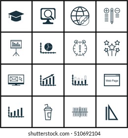 Set Of 16 Universal Editable Icons. Can Be Used For Web, Mobile And App Design. Includes Icons Such As Dynamics, Graduation, Segmented Bar Graph And More.