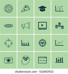 Set Of 16 Universal Editable Icons. Can Be Used For Web, Mobile And App Design. Includes Icons Such As Segmented Bar Graph, Sliced Pizza, Money And More.