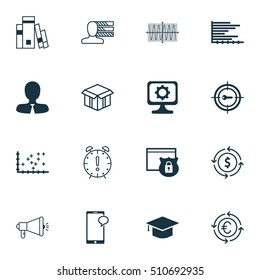 Set Of 16 Universal Editable Icons. Can Be Used For Web, Mobile And App Design. Includes Icons Such As Bars Chart, Personal Skills, Open Cardboard And More.