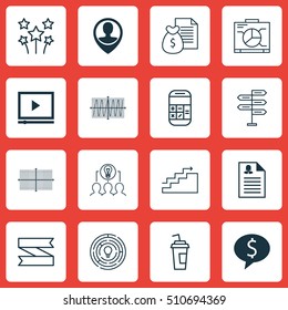 Set Of 16 Universal Editable Icons. Can Be Used For Web, Mobile And App Design. Includes Icons Such As Square Diagram, Growth, Video Player And More.
