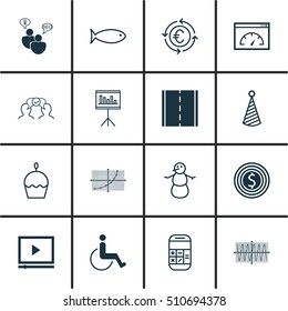 Set Of 16 Universal Editable Icons. Can Be Used For Web, Mobile And App Design. Includes Icons Such As Currency Recycle, Winter, Sinus Graph And More.
