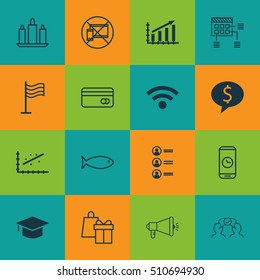 Set Of 16 Universal Editable Icons. Can Be Used For Web, Mobile And App Design. Includes Icons Such As Pin, Shopping, Media Campaign And More.