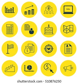 Set Of 16 Universal Editable Icons. Can Be Used For Web, Mobile And App Design. Includes Icons Such As Report, Media Campaign, Celebration Cake And More.
