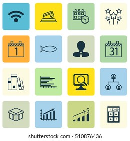 Set Of 16 Universal Editable Icons. Can Be Used For Web, Mobile And App Design. Includes Icons Such As Bars Chart, Date, Library And More.
