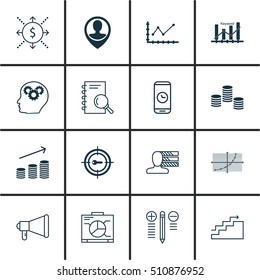 Set Of 16 Universal Editable Icons. Can Be Used For Web, Mobile And App Design. Includes Icons Such As Line Grid, Board, Coins Growth And More.