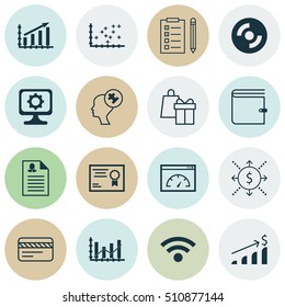 Set Of 16 Universal Editable Icons. Can Be Used For Web, Mobile And App Design. Includes Icons Such As Wireless, Raise Diagram, Successful Investment And More.