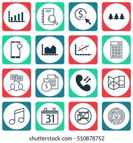 Set Of 16 Universal Editable Icons. Can Be Used For Web, Mobile And App Design. Includes Icons Such As Messaging, Holiday Ornament, Crotchets And More.