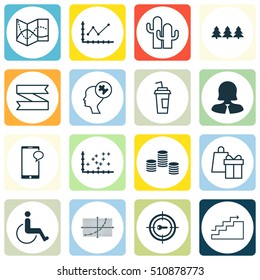 Set Of 16 Universal Editable Icons. Can Be Used For Web, Mobile And App Design. Includes Icons Such As Blank Ribbon, Road Map, Line Grid And More.