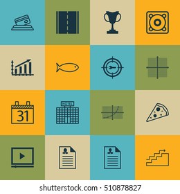 Set Of 16 Universal Editable Icons. Can Be Used For Web, Mobile And App Design. Includes Icons Such As Fishing, Sliced Pizza, Credit Card And More.