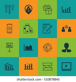 Set Of 16 Universal Editable Icons. Can Be Used For Web, Mobile And App Design. Includes Icons Such As Keyword Optimisation, Blank Ribbon, Manager And More.