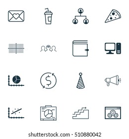 Set Of 16 Universal Editable Icons. Can Be Used For Web, Mobile And App Design. Includes Icons Such As Circle Graph, Celebration Letter, Sliced Pizza And More.