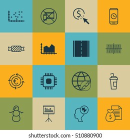 Set Of 16 Universal Editable Icons. Can Be Used For Web, Mobile And App Design. Includes Icons Such As Report, Cosinus Diagram, Call Duration And More.