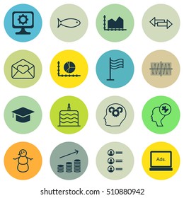 Set Of 16 Universal Editable Icons. Can Be Used For Web, Mobile And App Design. Includes Icons Such As Greeting Email, Human Mind, Coins Growth And More.