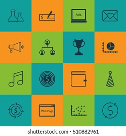 Set Of 16 Universal Editable Icons. Can Be Used For Web, Mobile And App Design. Includes Icons Such As Money Recycle, Celebration Letter, Crotchets And More.