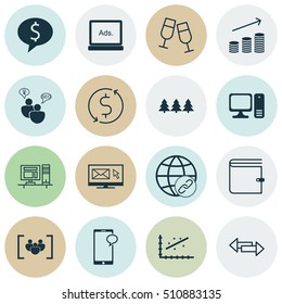 Set Of 16 Universal Editable Icons. Can Be Used For Web, Mobile And App Design. Includes Icons Such As Money Trasnfer, Analytics, Digital Media And More.