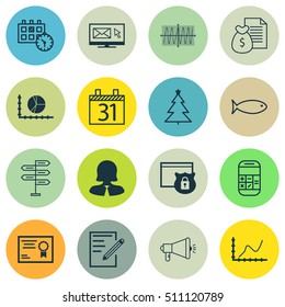 Set Of 16 Universal Editable Icons. Can Be Used For Web, Mobile And App Design. Includes Icons Such As Security, Cosinus Diagram, Date And More.