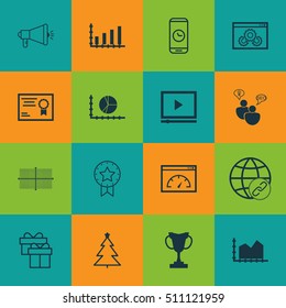 Set Of 16 Universal Editable Icons. Can Be Used For Web, Mobile And App Design. Includes Icons Such As Video Player, Square Diagram, Circle Graph And More.