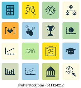 Set Of 16 Universal Editable Icons. Can Be Used For Web, Mobile And App Design. Includes Icons Such As Circle Graph, Champagne Glasses, Currency Recycle And More.