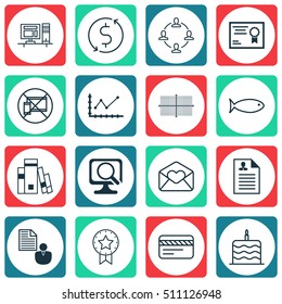 Set Of 16 Universal Editable Icons. Can Be Used For Web, Mobile And App Design. Includes Icons Such As Computer, Celebration Cake, Present Badge And More.