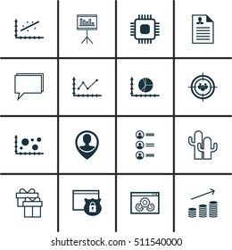Set Of 16 Universal Editable Icons. Can Be Used For Web, Mobile And App Design. Includes Icons Such As Curriculum Vitae, Cacti, Analytics And More.
