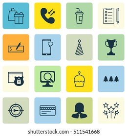 Set Of 16 Universal Editable Icons. Can Be Used For Web, Mobile And App Design. Such As Keyword Marketing, Holiday Ornament, Birthday Cake And More.