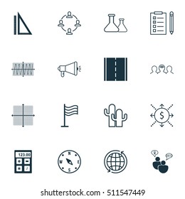 Set Of 16 Universal Editable Icons. Can Be Used For Web, Mobile And App Design. Includes Icons Such As World, Chemical, Media Campaign And More.