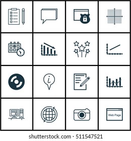 Set Of 16 Universal Editable Icons. Can Be Used For Web, Mobile And App Design. Includes Icons Such As World, Fail Graph, Conference And More.