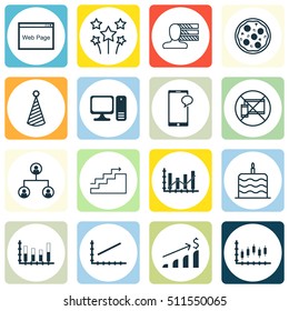 Set Of 16 Universal Editable Icons. Can Be Used For Web, Mobile And App Design. Includes Icons Such As Growth, Festive Fireworks, Line Graph And More.