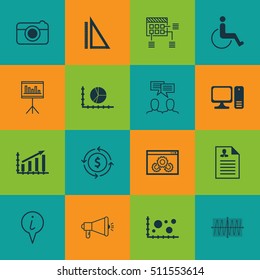 Set Of 16 Universal Editable Icons. Can Be Used For Web, Mobile And App Design. Includes Icons Such As Info Pointer, Money Recycle, Media Campaign And More.