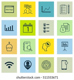 Set Of 16 Universal Editable Icons. Can Be Used For Web, Mobile And App Design. Includes Icons Such As Pin Employee, Presentation, Reminder And More.