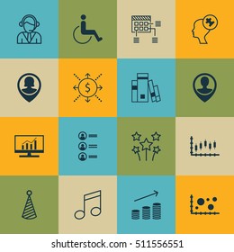 Set Of 16 Universal Editable Icons. Can Be Used For Web, Mobile And App Design. Includes Icons Such As Accessibility, Schedule, Birthday Hat And More.