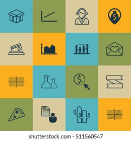 Set Of 16 Universal Editable Icons. Can Be Used For Web, Mobile And App Design. Includes Icons Such As Line Grid, Cacti, Line Graph And More.