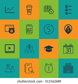 Set Of 16 Universal Editable Icons. Can Be Used For Web, Mobile And App Design. Includes Icons Such As Takeaway Coffee, Changes Graph, Money Trasnfer And More.