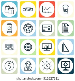 Set Of 16 Universal Editable Icons. Can Be Used For Web, Mobile And App Design. Includes Icons Such As Certificate, Changes Graph, Female Application And More.
