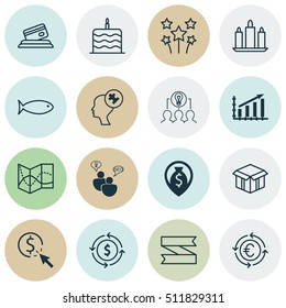 Set Of 16 Universal Editable Icons. Can Be Used For Web, Mobile And App Design. Includes Icons Such As Celebration Cake, Fishing, PPC And More.