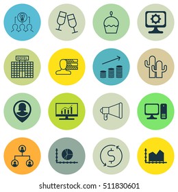 Set Of 16 Universal Editable Icons. Can Be Used For Web, Mobile And App Design. Includes Icons Such As Desktop Computer, Coins Growth, Collaborative Solution And More.
