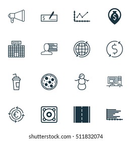 Set Of 16 Universal Editable Icons. Can Be Used For Web, Mobile And App Design. Includes Icons Such As Hotel Construction, Pizza Meal, Money Navigation And More.