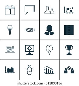 Set Of 16 Universal Editable Icons. Can Be Used For Web, Mobile And App Design. Includes Icons Such As PC, Sweet, Photo Camera And More.