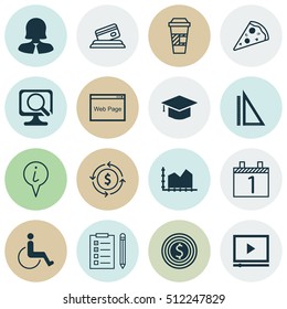 Set Of 16 Universal Editable Icons. Can Be Used For Web, Mobile And App Design. Includes Icons Such As Laptop, Business Woman, Graduation And More.