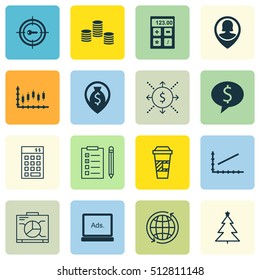 Set Of 16 Universal Editable Icons. Can Be Used For Web, Mobile And App Design. Includes Icons Such As Reminder, Line Graph, Business Deal And More.