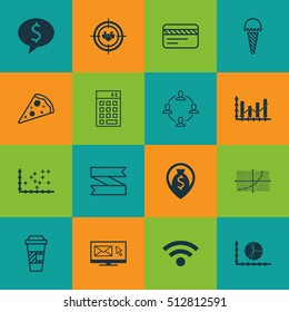 Set Of 16 Universal Editable Icons. Can Be Used For Web, Mobile And App Design. Includes Icons Such As Bank Card, Plot Diagram, Frozen Food And More.