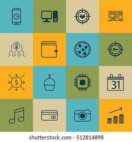 Set Of 16 Universal Editable Icons. Can Be Used For Web, Mobile And App Design. Includes Icons Such As Keyword Marketing, Pizza Meal, Birthday Cake And More.