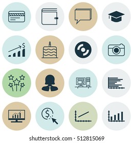 Set Of 16 Universal Editable Icons. Can Be Used For Web, Mobile And App Design. Includes Icons Such As Festive Fireworks, Business Woman, PPC And More.