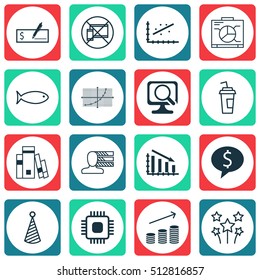 Set Of 16 Universal Editable Icons. Can Be Used For Web, Mobile And App Design. Includes Icons Such As Library, Drink Cup, Fail Graph And More.