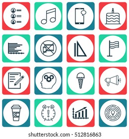 Set Of 16 Universal Editable Icons. Can Be Used For Web, Mobile And App Design. Includes Icons Such As Celebration Cake, Messaging, Paper And More.