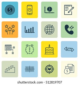 Set Of 16 Universal Editable Icons. Can Be Used For Web, Mobile And App Design. Includes Icons Such As Cosinus Diagram, Business Goal, Celebration Cake And More.