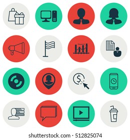 Set Of 16 Universal Editable Icons. Can Be Used For Web, Mobile And App Design. Includes Icons Such As Video Player, Conference, Drink Cup And More.
